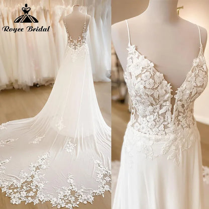 Boho Spaghetti Straps Wedding Dress V Neck Lace Appliqued Chiffon Backless