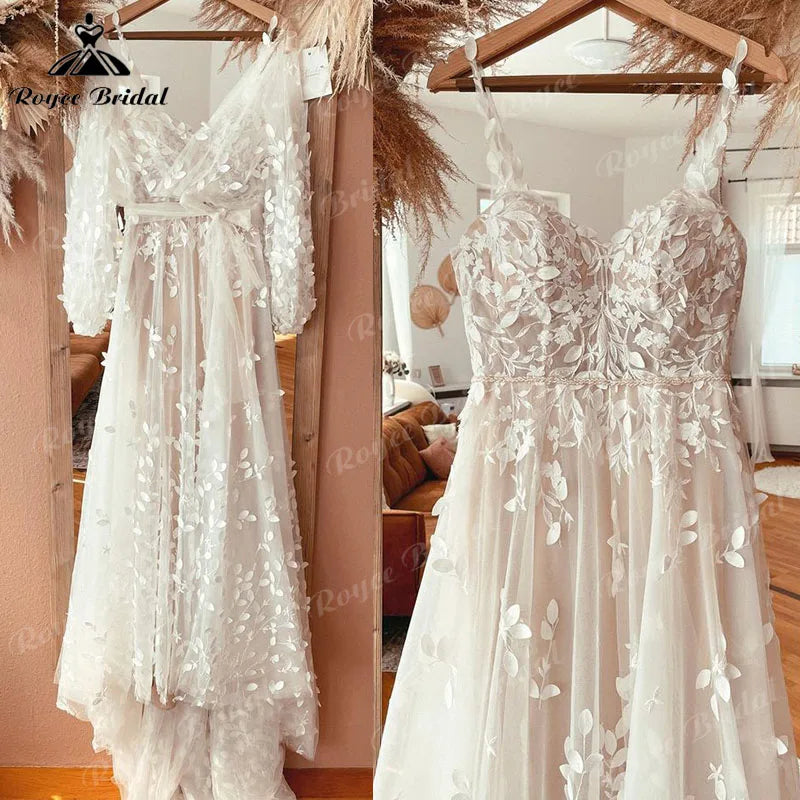 Boho Spaghetti Straps Lace Appliques A Line Wedding Dress with Jacket
