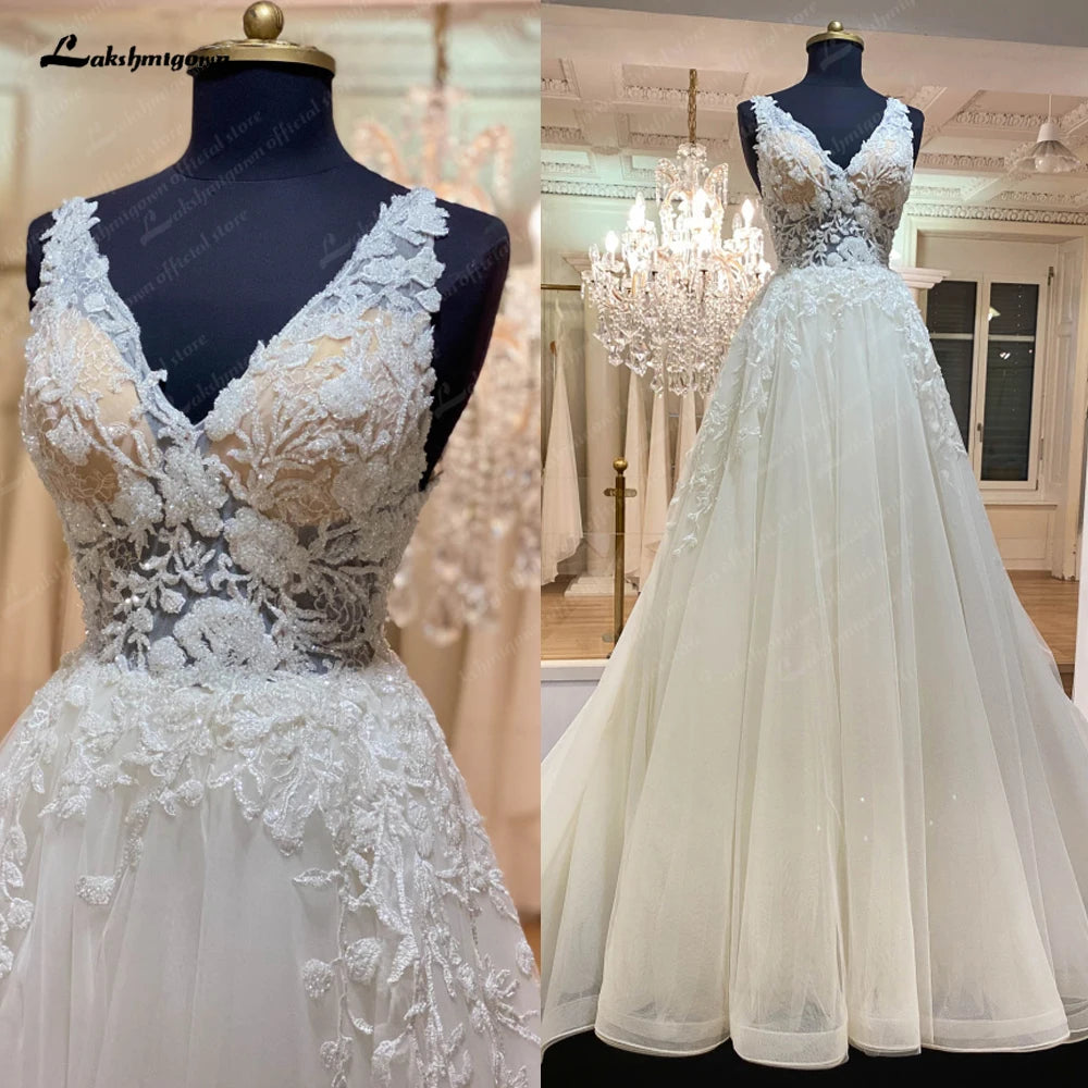 Roycebridal Plunging V Neck Boho Glitter Wedding Dress Lace Appliques Vestito Donna Sexy Bridal Beach Wedding Gowns Backless