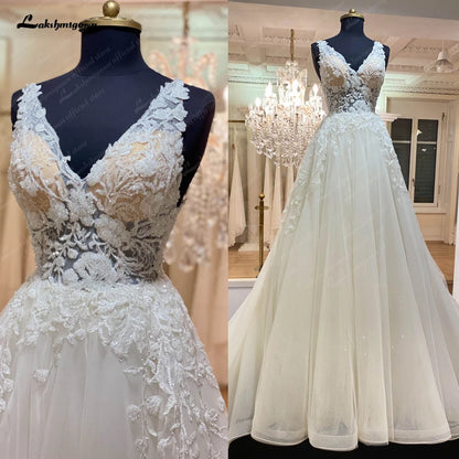 Roycebridal Plunging V Neck Boho Glitter Wedding Dress Lace Appliques Vestito Donna Sexy Bridal Beach Wedding Gowns Backless
