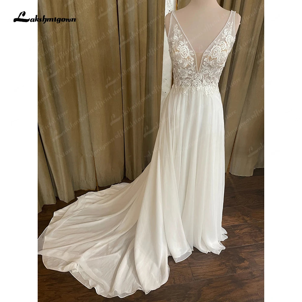 Lakshmigown Chiffon Beach Wedding Dress V Neck Lace Appliques Vestido Novia 2023 Sexy Bridal Boho Wedding Gowns Open Back