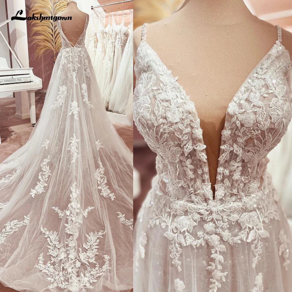Lakshmigown Bohemian Lace Wedding Dresses V-Neck Appliques Spaghetti Strap A-Line Beach Bridal Dress