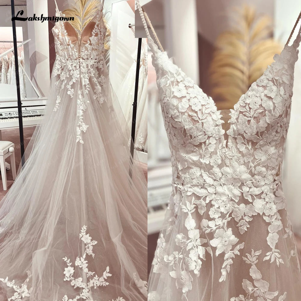Lakshmigown Long Boho A-Line Backless Wedding Dress Flowers Spaghetti Straps Bride Dresses Princess Floor Length Wedding Gown