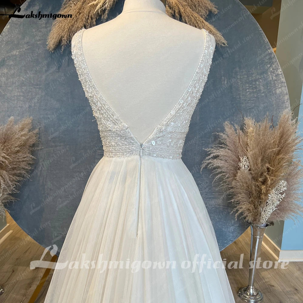 Lakshmigown Women A Line Wedding Dress Boho Vestidos de Fiesta de Noche Tulle Beach Wedding Dress Robe Bridal Gown