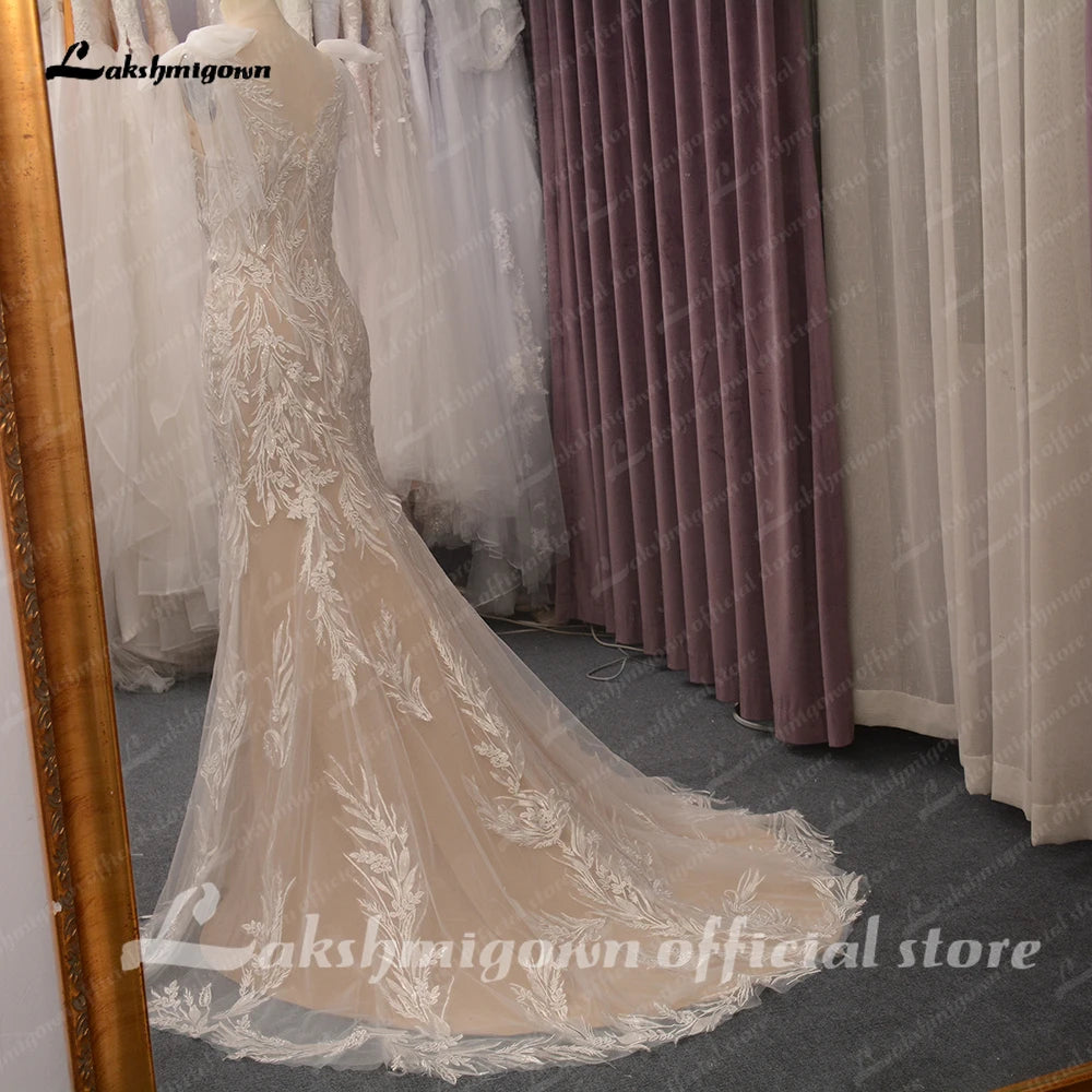 Roycebridal Luxury Plunging Lace Mermaid Bridal Wedding Dress for Women  Vestidos Novia Wedding Gowns Appliques with bow