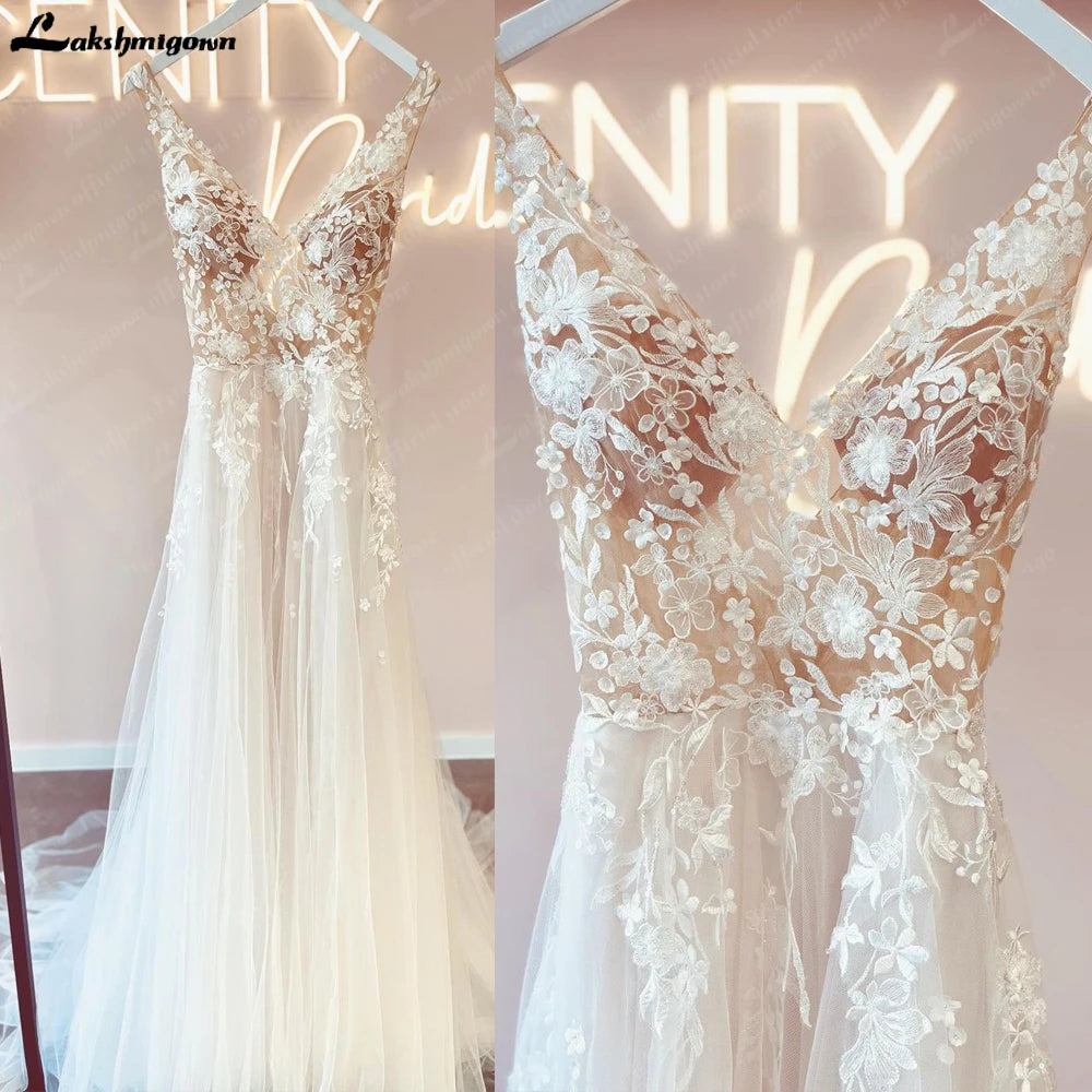 Lakshmigown Lace Bodice A Line Beach Boho Wedding Gowns with V Neck 2023 Spaghetti Straps Bridal Dress robe de mariage