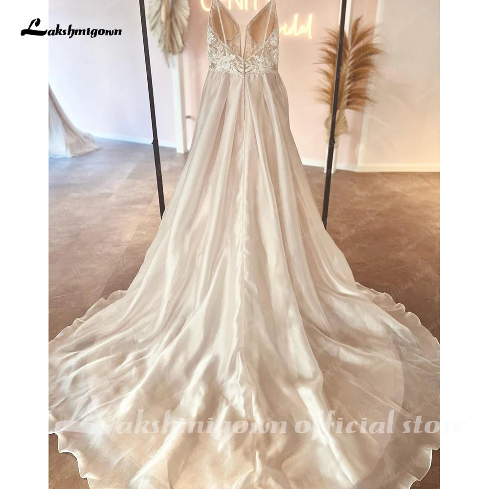 Lakshmigown Robe Civil Boho Champagne Lace V Neck A Line Beach Wedding Dress 2023 Bridal Gowns Custom Made Vestidos