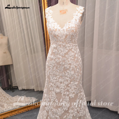 Roycebridal Lace Mermaid Boho Open Back Wedding Dress with V Neck  Boho Bridal vestido de boda corte sirena