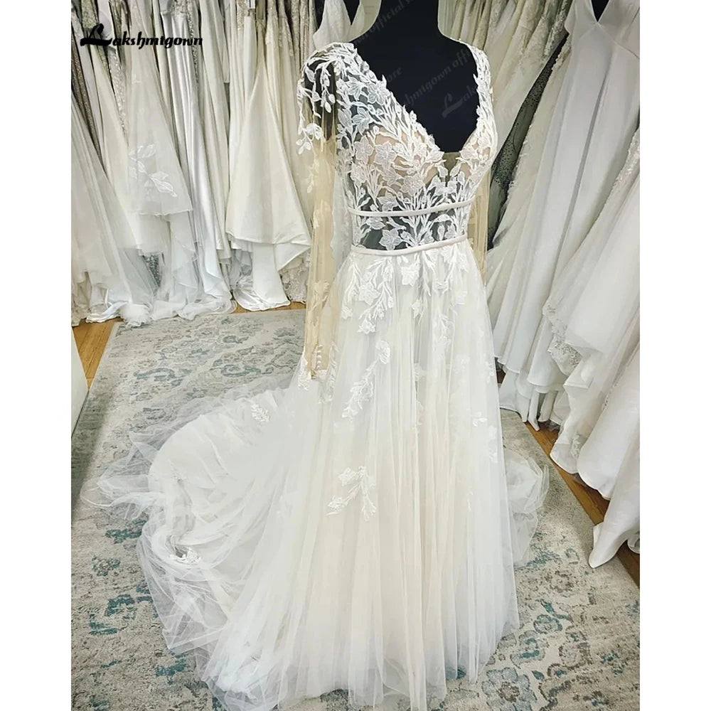 Lakshmigown Lace Long Sleeve Boho Wedding Dress 2023 Abito Da Sposa Garden Boho Wedding Gown Sexy V Neck Bridal Dress