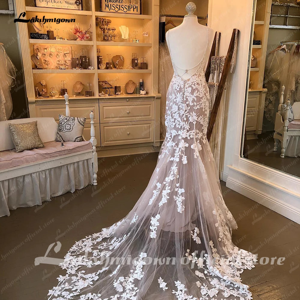 Lakshmigown Luxury Mermaid/Trumpet Lace Wedding Dress for Women 2023 Wedding Gowns Spaghetti Straps vestido de boda corte sirena