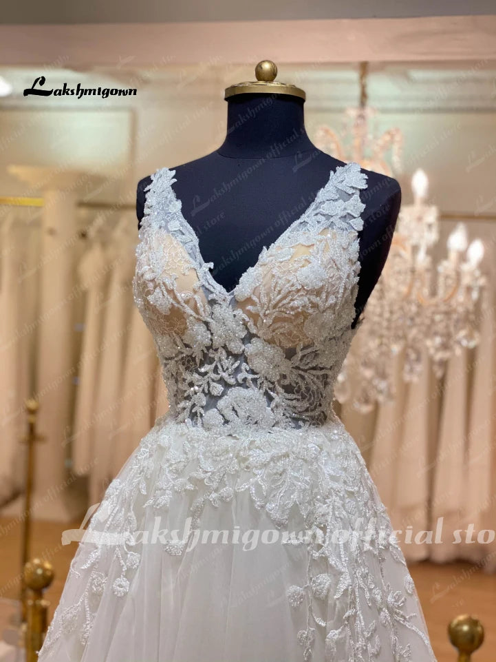 Roycebridal Plunging V Neck Boho Glitter Wedding Dress Lace Appliques Vestito Donna Sexy Bridal Beach Wedding Gowns Backless