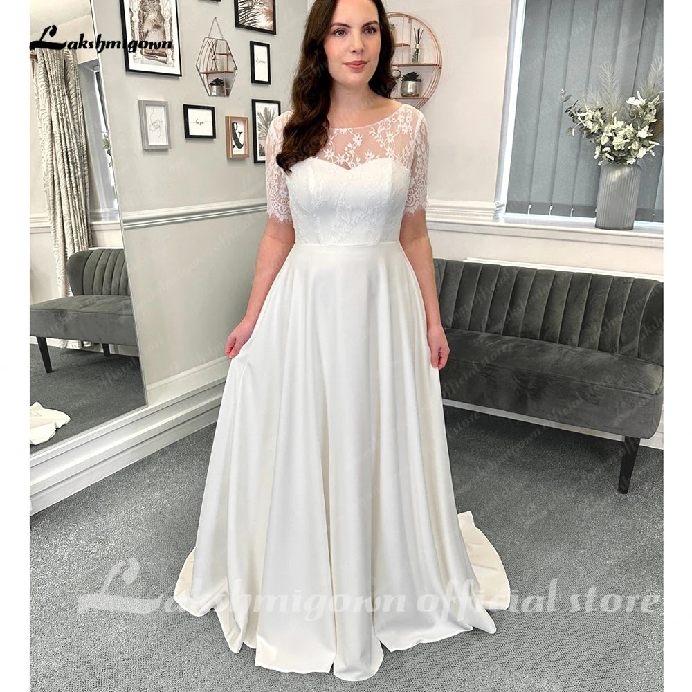 Roycebridal Half Sleeves Lace Formal Wedding Dresses Floor Length A-Line Satin With Pleats 2025 Bridal Gowns