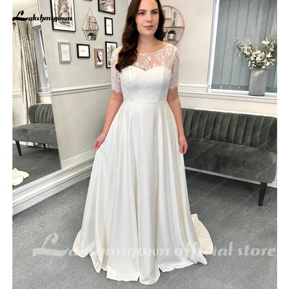 Roycebridal Half Sleeves Lace Formal Wedding Dresses Floor Length A-Line Satin With Pleats 2025 Bridal Gowns