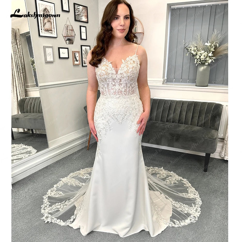 Roycebridal Sexy Mermaid Soft Satin Lace Wedding Dress for Women 2025 Vedtidos De Noiva Bridal Gowns Spaghetti Straps