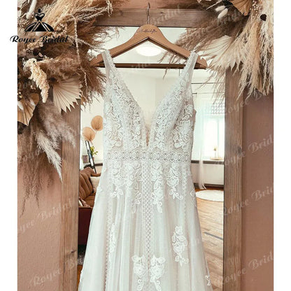 Bohemian Wedding Dress Tank V Neck Lace Appliqued Backless