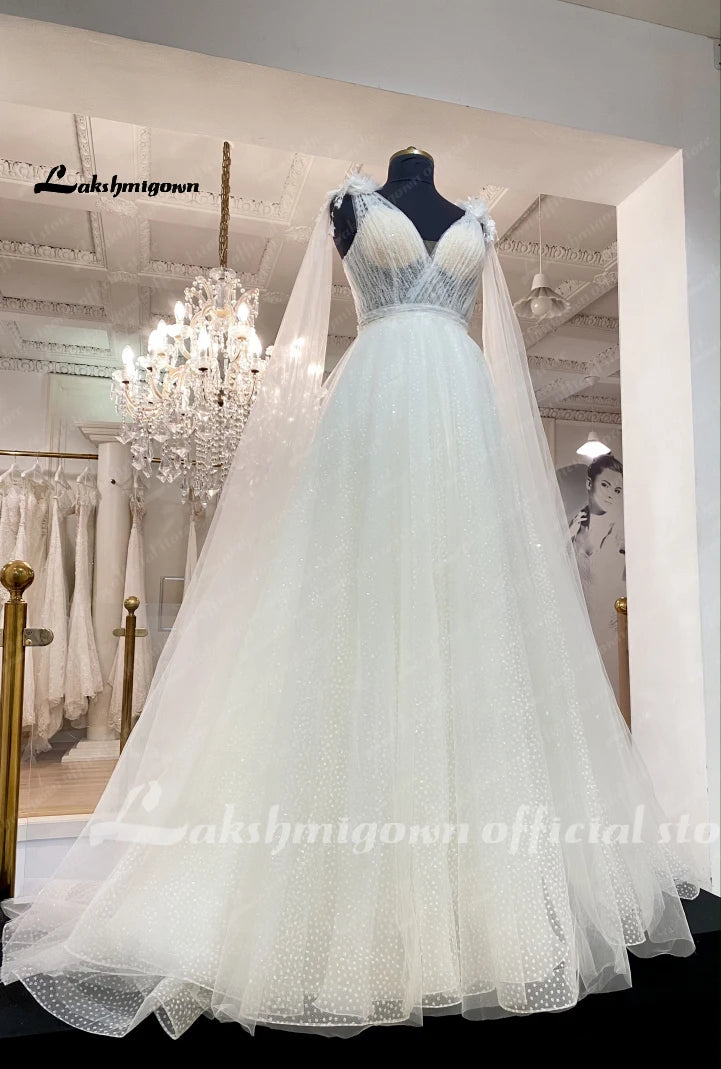 Lakshmigown Plunging V Neck Boho Glitter Wedding Dress 2023 with Cape Vestito Donna Sexy Bridal Beach Wedding Gowns Backless