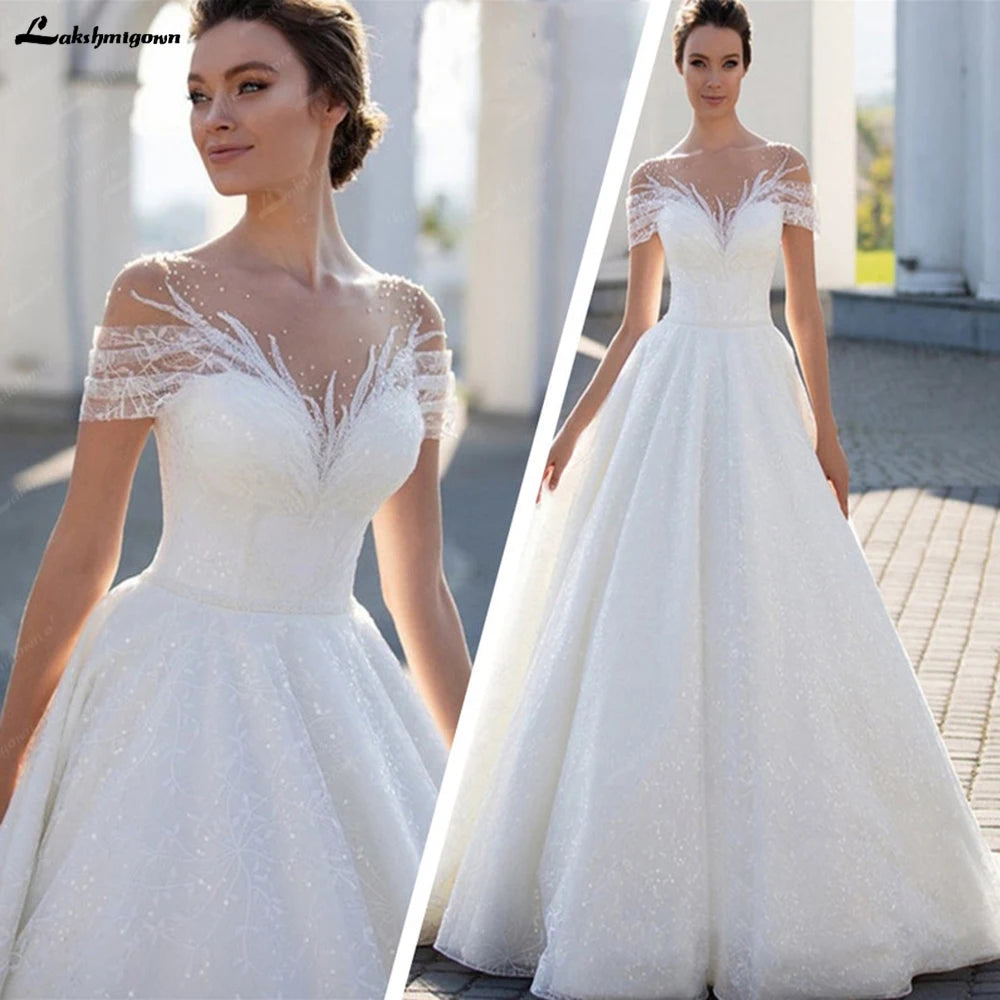 Lakshmigown Sparkling Off-The-Shoulder Wedding Dress Elegant Glitter Lace A-Line Bridal Gown with Illusion Pleats Short Sleeves