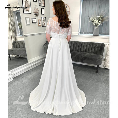 Roycebridal Half Sleeves Lace Formal Wedding Dresses Floor Length A-Line Satin With Pleats 2025 Bridal Gowns