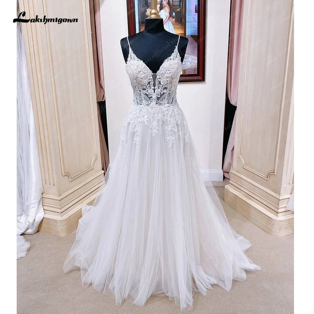 Lakshmigown Beach Wedding Dresses for Women Backless Sexy Bridal Boho Wedding Gowns Spaghetti Straps Party Gowns