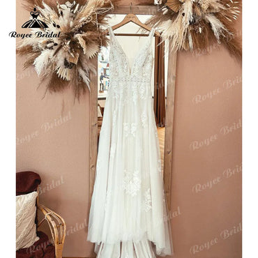 Bohemian Wedding Dress Tank V Neck Lace Appliqued Backless