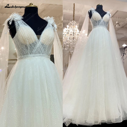Roycebridal Plunging V Neck Boho Glitter Wedding Dress 2025 with Cape Vestito Donna Sexy Bridal Beach Wedding Gowns Backless