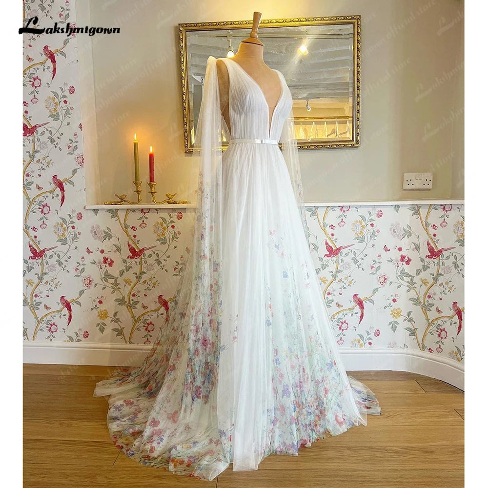 Lakshmigown Floral Beach Fairy Wedding Dresses with Cape 2023 Backless Wedding Gowns vestido de noiva princesa
