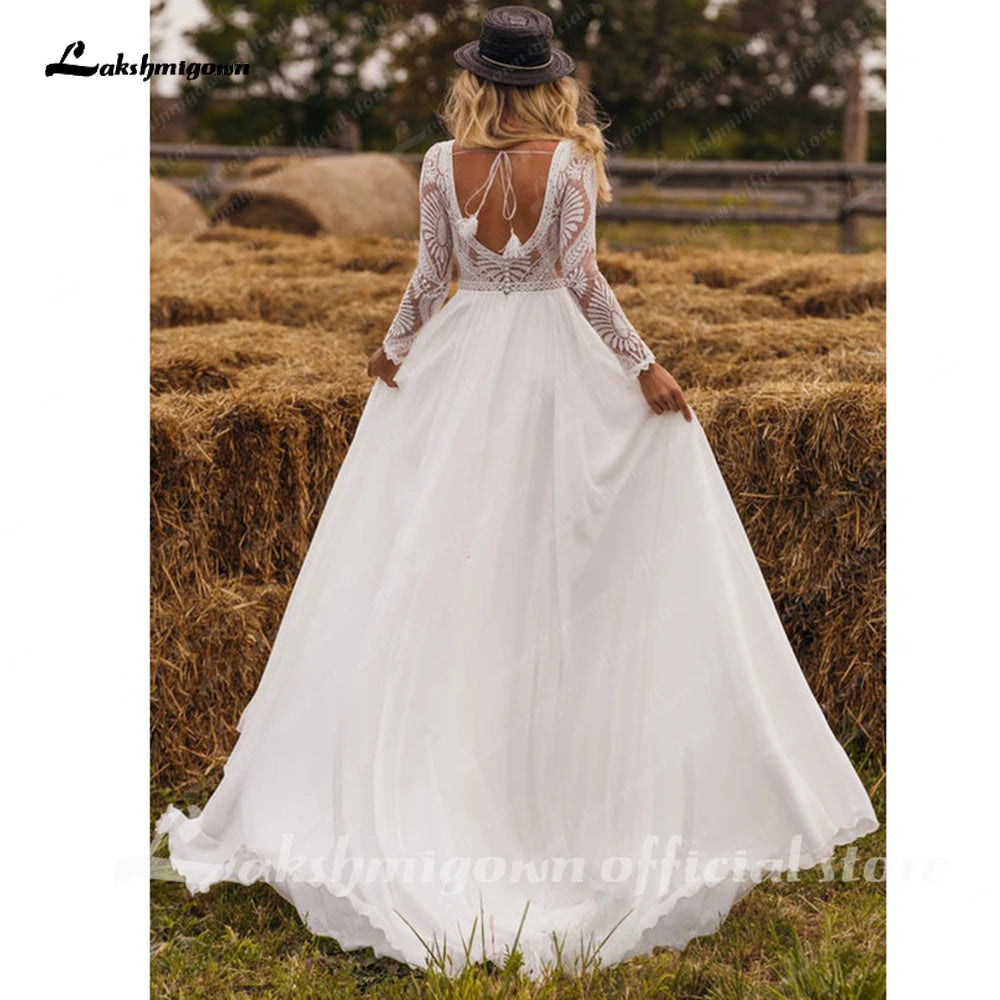 Lakshmigown Chiffon V Neck Long Sleeve Bridal Dress Sweep Train Lace Open Back Beach Wedding Dress