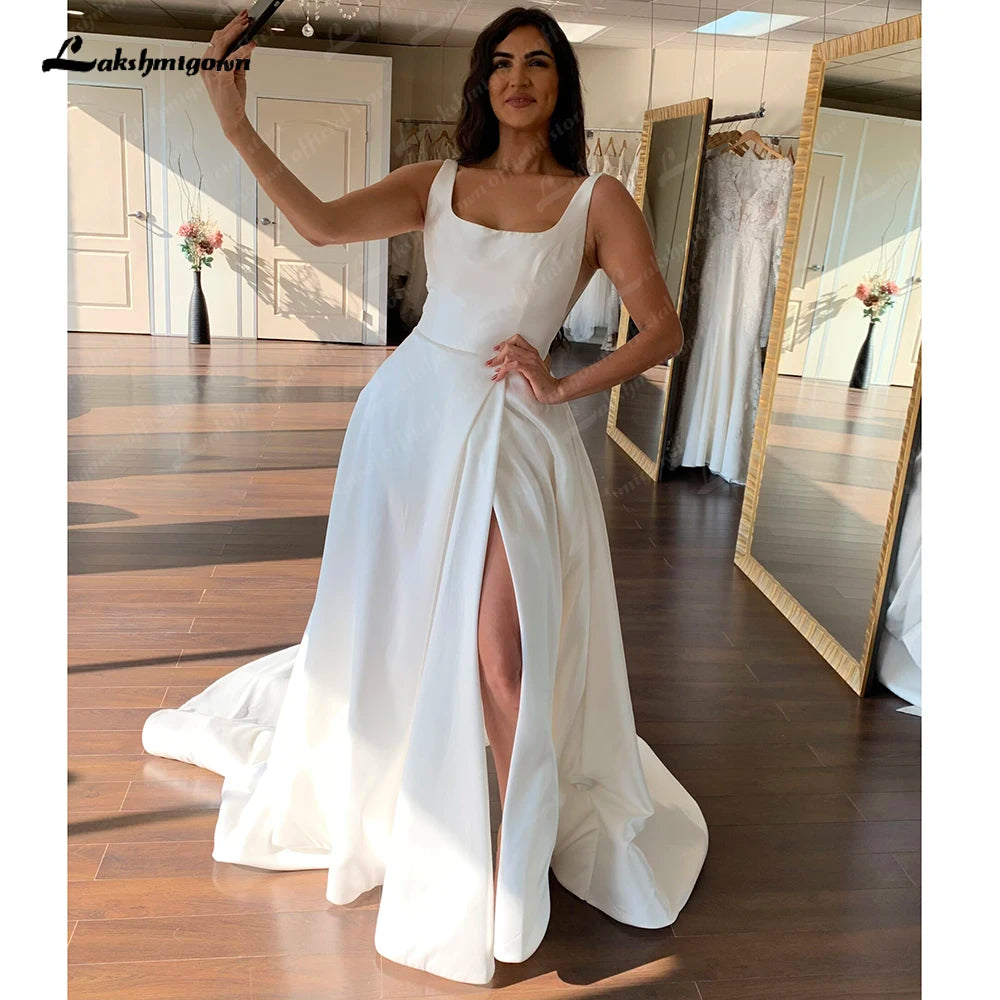 Lakshmigown Ivory Satin Scoop Neck Sleeveless Floor-Length A-line Wedding Dress 2023 Split Garden Bridal GownRobe De Mariage