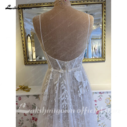 Roycebridal Split Side Lace Boho Women Wedding Dress for Bride Spaghetti Straps Wedding Gown batas de novia para