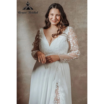 Boho Long Sleeve V Neck Lace Appliques Plus Size Wedding Dress