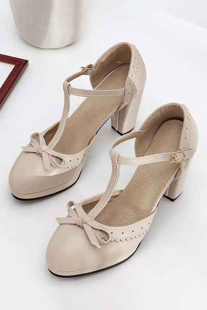 Roycebridal Retro Bow T-Strap High Heels Shoes