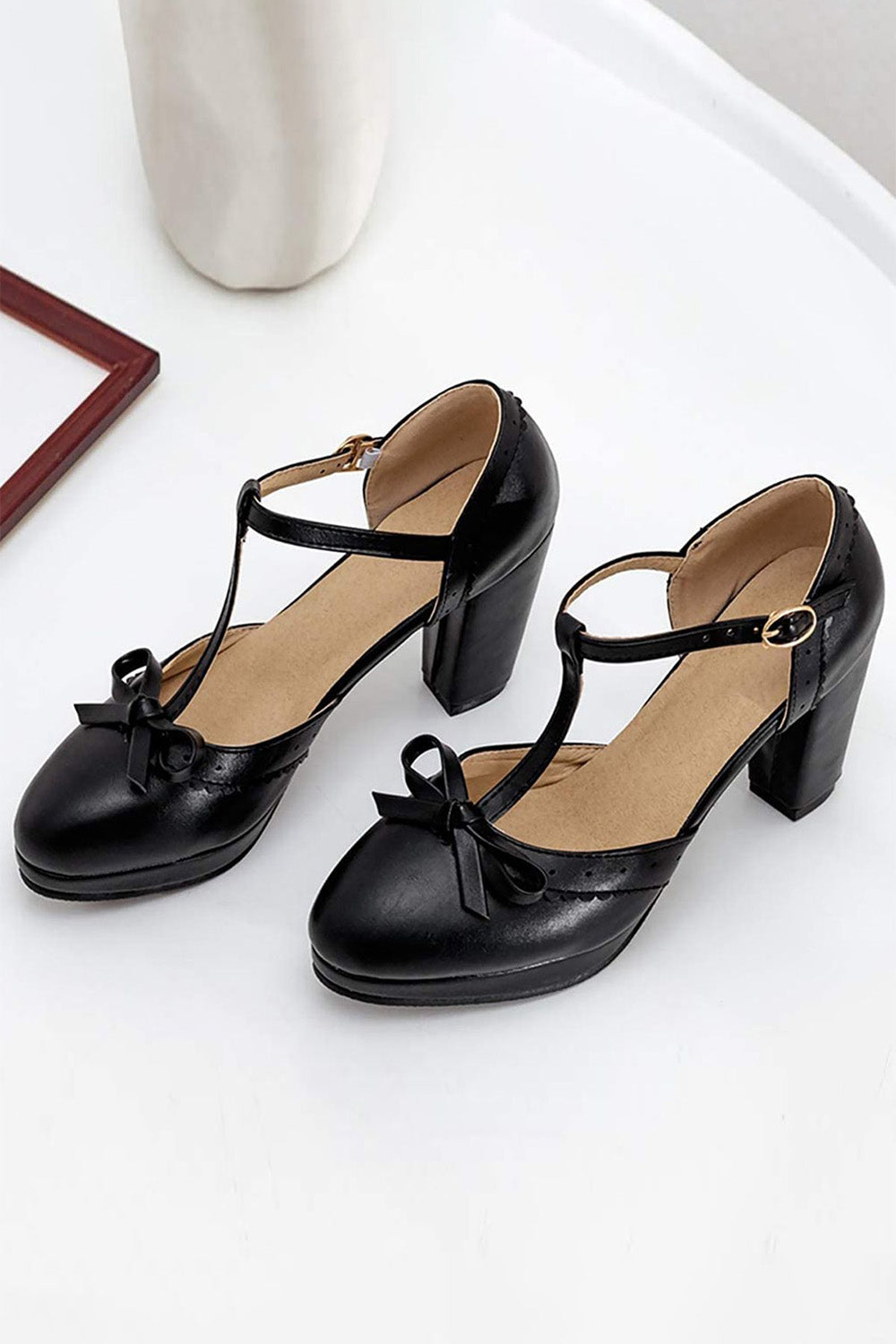 Roycebridal Retro Bow T-Strap High Heels Shoes