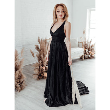 V-Ausschnitt Langarm Spitze Perlen Top A Linie Gothic Schwarzes Brautkleid