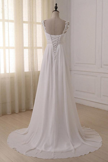 Roycebridal Simple White Chiffon V Neck Straps Wedding Dresses with Sweep Train, MW233