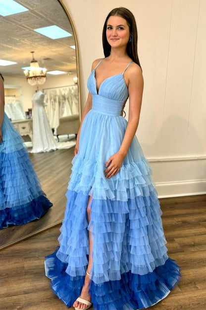 Roycebridal V-Neck Ruffle Tiered Prom Dress in Lavender and Purple Ombre