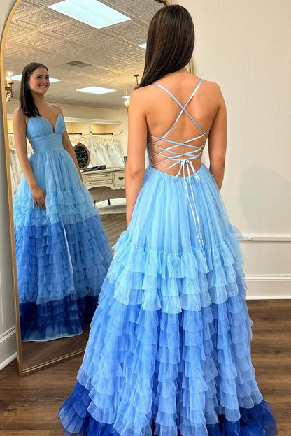 Roycebridal V-Neck Ruffle Tiered Prom Dress in Lavender and Purple Ombre
