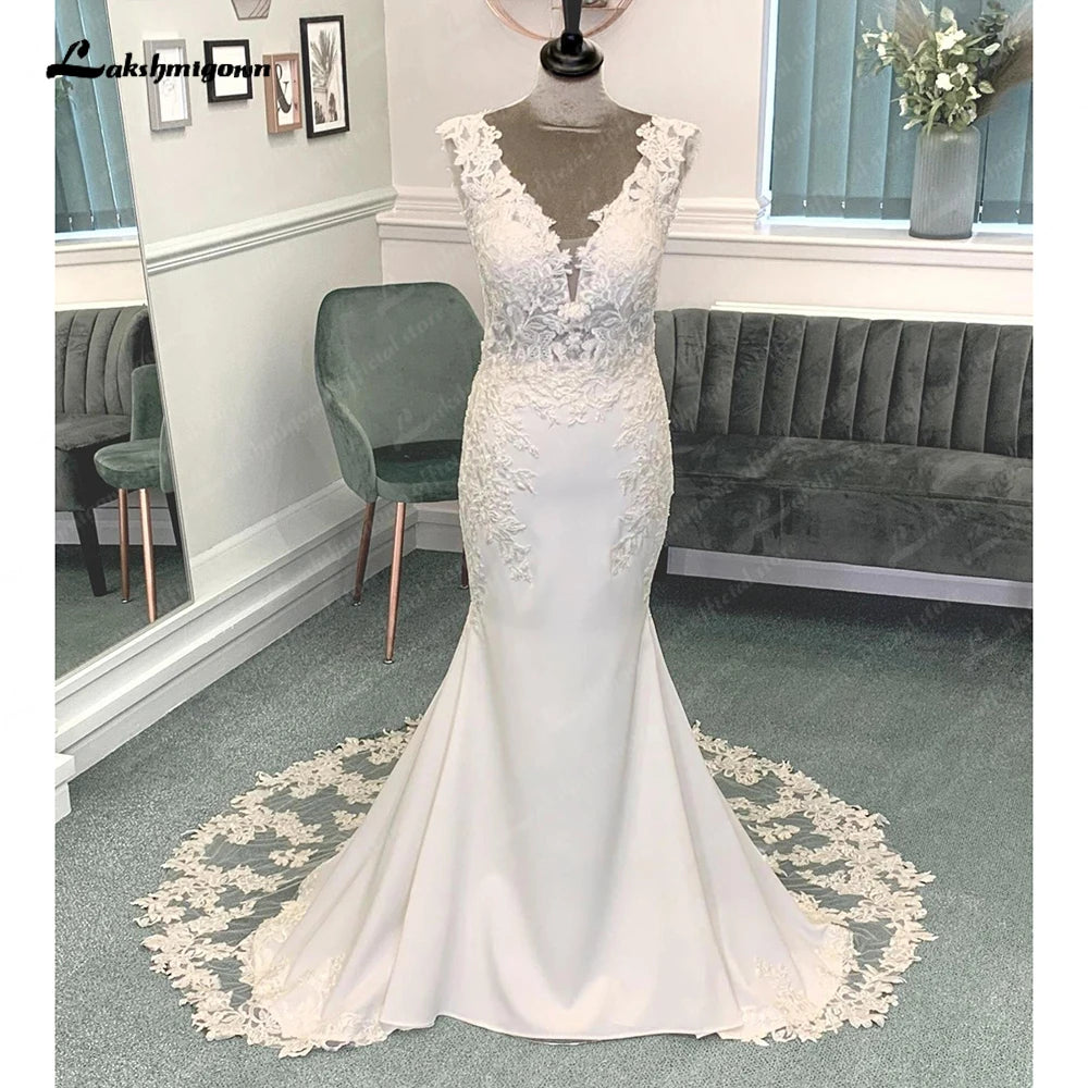Lakshmigown Luxury Mermaid/Trumpet Lace Wedding Dress for Women 2023 Crepe Wedding Gowns vestido de boda corte sirena