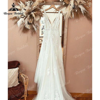 Bohemian Wedding Dress Tank V Neck Lace Appliqued Backless