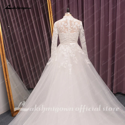 Roycebridal High Neck Lace Wedding Dress Women  Longe Sleeves Appliques Beach Bridal Gown vestido de boda corte sirena