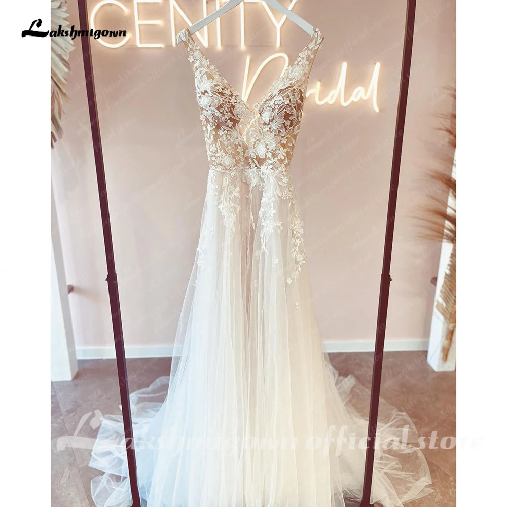 Lakshmigown Lace Bodice A Line Beach Boho Wedding Gowns with V Neck 2023 Spaghetti Straps Bridal Dress robe de mariage