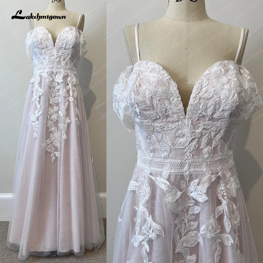 Lakshmigown Blush Pink Wedding Dress Lace Appliqued Tulle A Line Backless 2023 Tank V Neck Bridal Gowns vestido de novia