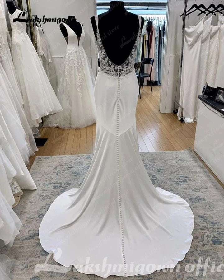 Lakshmigown Ivory Mermaid Wedding Dress Satin Pleat Bride Dresses Appliques Beach Boho Wedding Party Dress