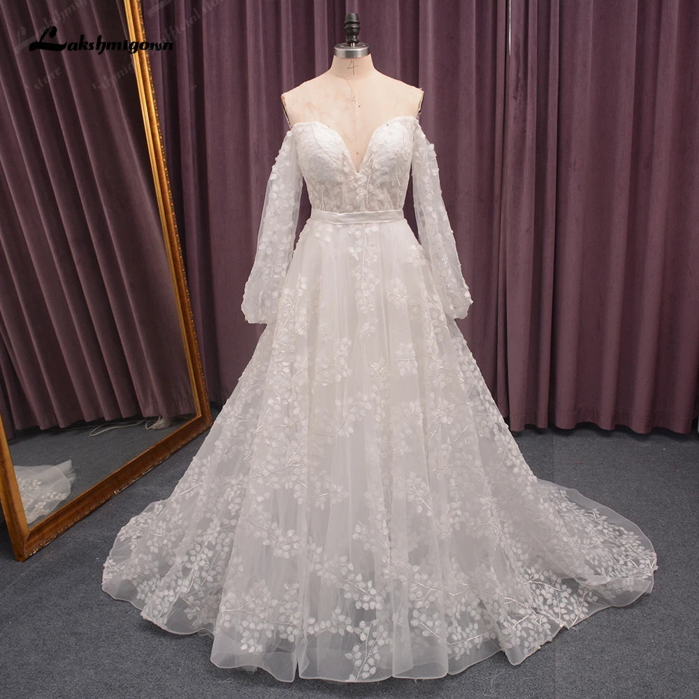 Roycebridal Off Shoulder Fulll Lace Wedding Dress Women  Fuffy Longe Sleeves Beach Bridal Gown Robe de mariee