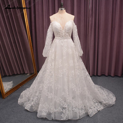 Roycebridal Off Shoulder Fulll Lace Wedding Dress Women  Fuffy Longe Sleeves Beach Bridal Gown Robe de mariee