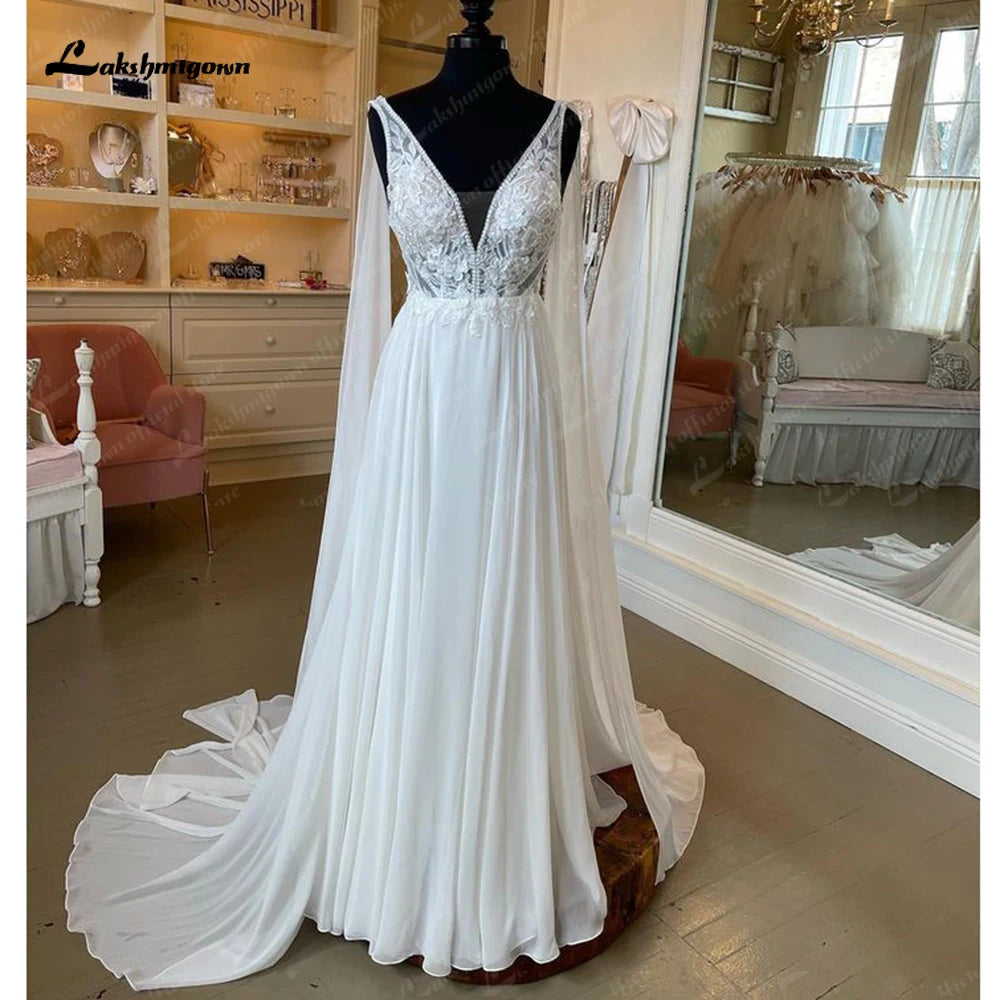 Lakshmigown V Neck Lace Beach A Line Wedding Dresses Vestidos De Noiva 2023 Sexy Chiffon Long Boho Bridal Gowns Backless