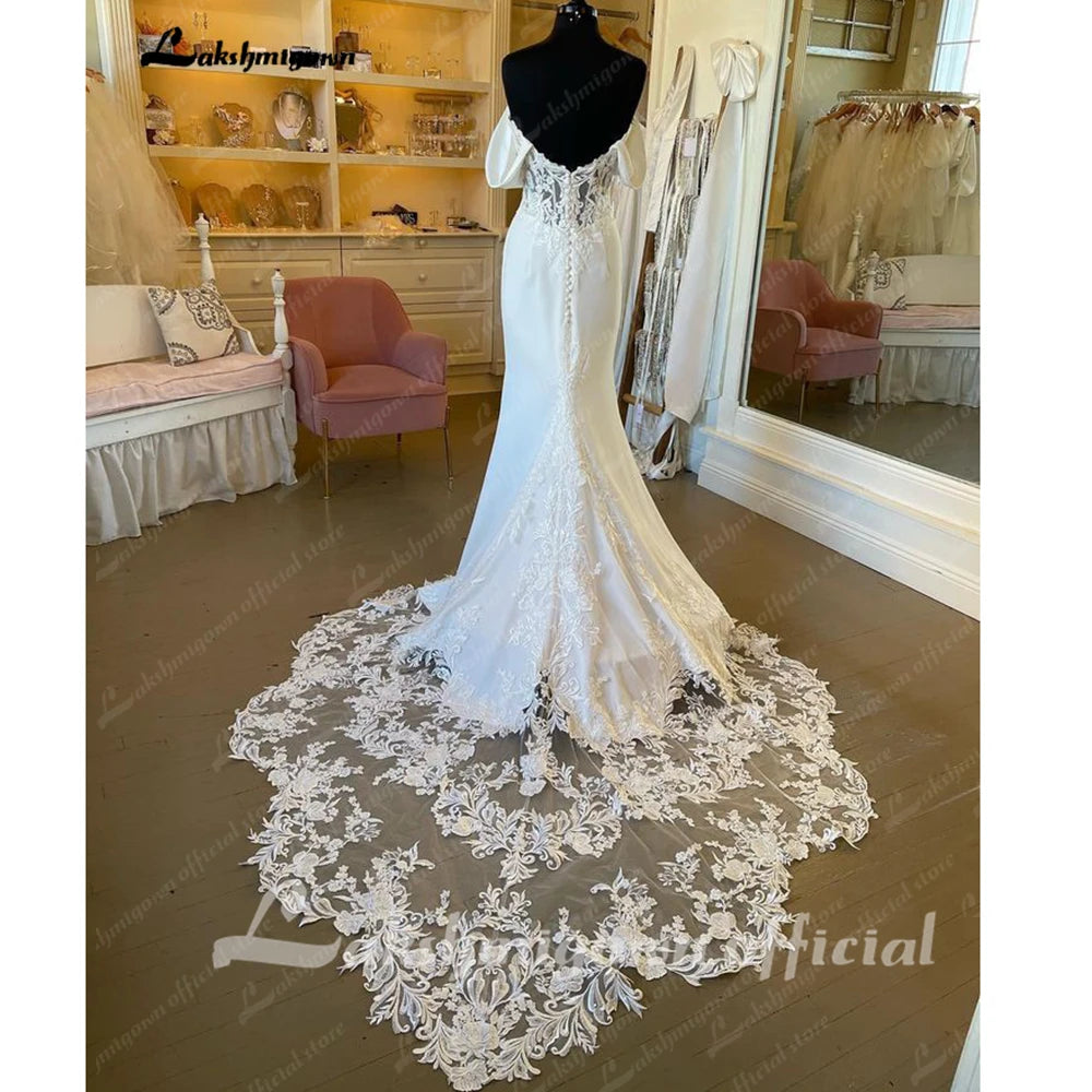 Lakshmigown Vintage Lace Off the Shoulder Crepe Women Birdal Mermaid Wedding Gowns 2024 Wedding Dress Sleevess