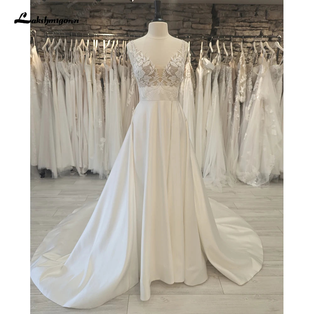 Romantic V Neck Lace A Line Wedding Gown for Bride Satin Open Back Women Wedding Dress vestido de fiesta de boda