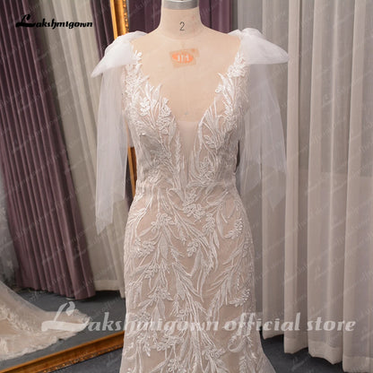 Roycebridal Luxury Plunging Lace Mermaid Bridal Wedding Dress for Women  Vestidos Novia Wedding Gowns Appliques with bow