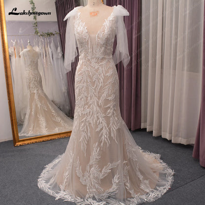 Roycebridal Luxury Plunging Lace Mermaid Bridal Wedding Dress for Women  Vestidos Novia Wedding Gowns Appliques with bow