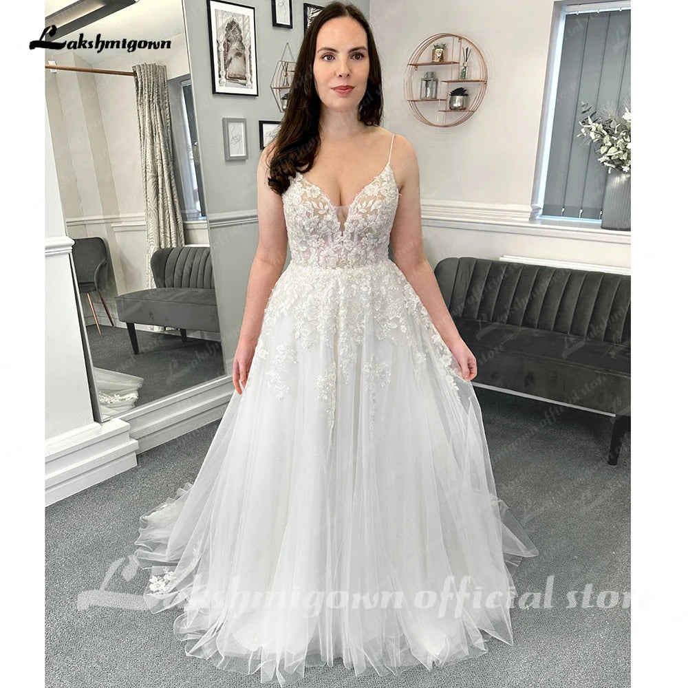Roycebridal Beach Formal Wedding Dresses Sweep Train Sleeveless Spaghetti Strap Lace With Appliques 2025 Bridal Gowns